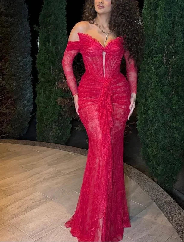 Splendido Abito da Sera Rosso in Pizzo Plissettato Elegante Abito da Ballo Y7694