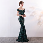 Off the Shoulder Sequined Evening Dress: Long Fish Tail, Slim Fit