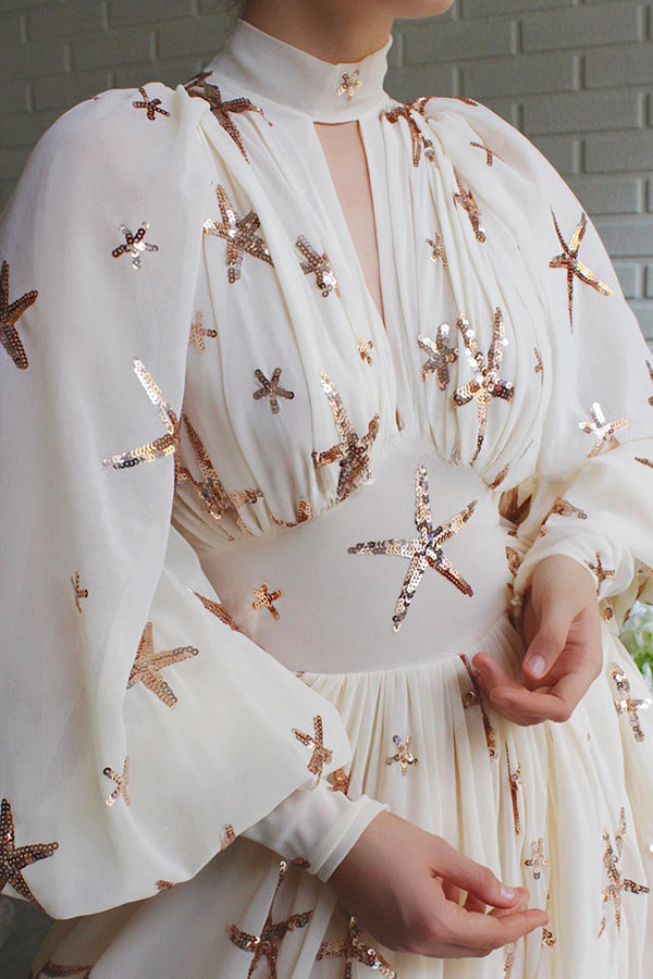 Robe de soirée longue en mousseline de soie étoilée à paillettes avec manches lanternes pour fête