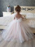 Cap Sleeves Flower Girl Dress With Lace Appliques And Bow Tulle Floor Length
