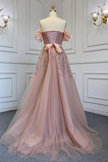 Vestido formal de fiesta largo con corte A y hombros descubiertos, mangas abullonadas