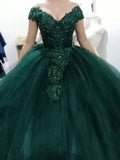 Abiti verdi per Quinceañera con spalle scoperte, gonna a palloncino in tulle Y297