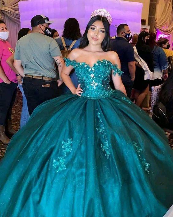 Abito da ballo verde in tulle con spalle scoperte Abito verde per Quinceañera Y290