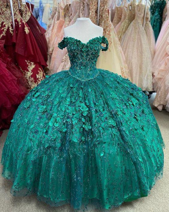 Abito da ballo verde smeraldo con fiori ricamati a mano, abito da quinceañera con scollo a cuore e spalle scoperte Y293