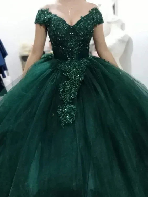 Abiti verdi per Quinceañera con spalle scoperte, gonna a palloncino in tulle Y297