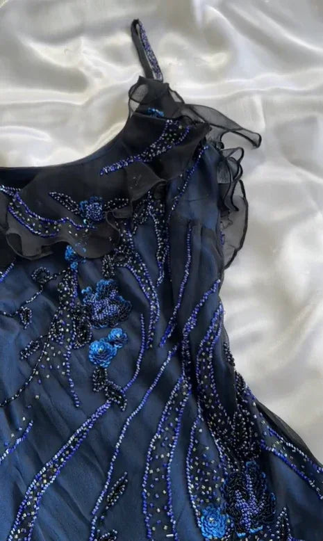 Vestido de noite formal luxuoso azul-marinho em chiffon com contas para festa e baile Y7529