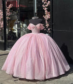 Glitzerndes schulterfreies rosa Tüllkleid mit Perlenbesatz, Ballkleid für Quinceañera Y7462