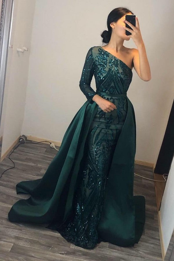 Emerald Green One Shoulder Prom Dress Sequins Mermaid Overskirt