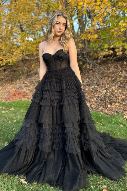 Vestido de fiesta de corte A con capas de tul rosa ruborizado, volantes y cordones en la espalda