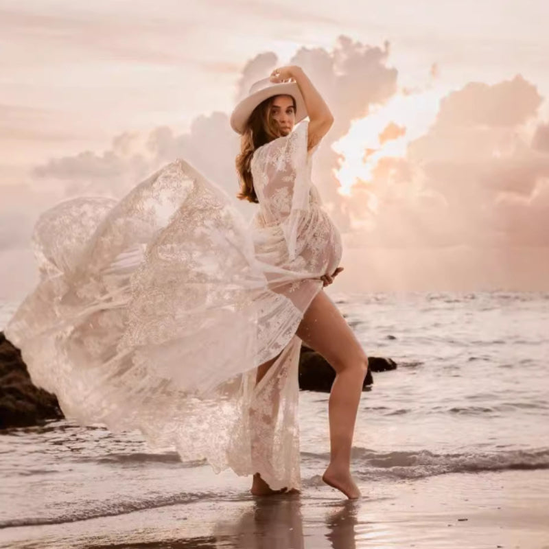 White lace short-sleeved maternity dress maternity v-neck maternity evening dress