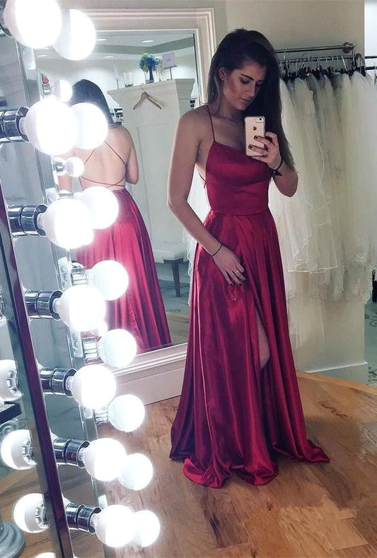Spaghetti Straps Open Back Floor Length Prom Dress With Slit