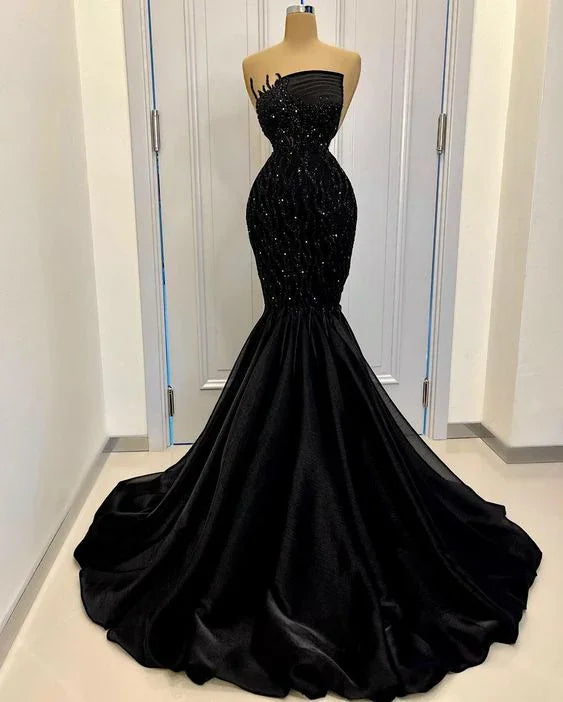 Elegante Abito da Sera Nero Lungo da Ballo Senza Spalline Abito da Sera Nero Y465