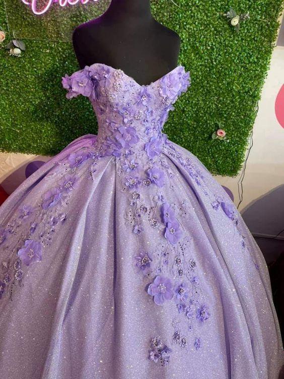 Abito da ballo lavanda con spalle scoperte e fiori tridimensionali, vestito per sedicesimo compleanno Y473