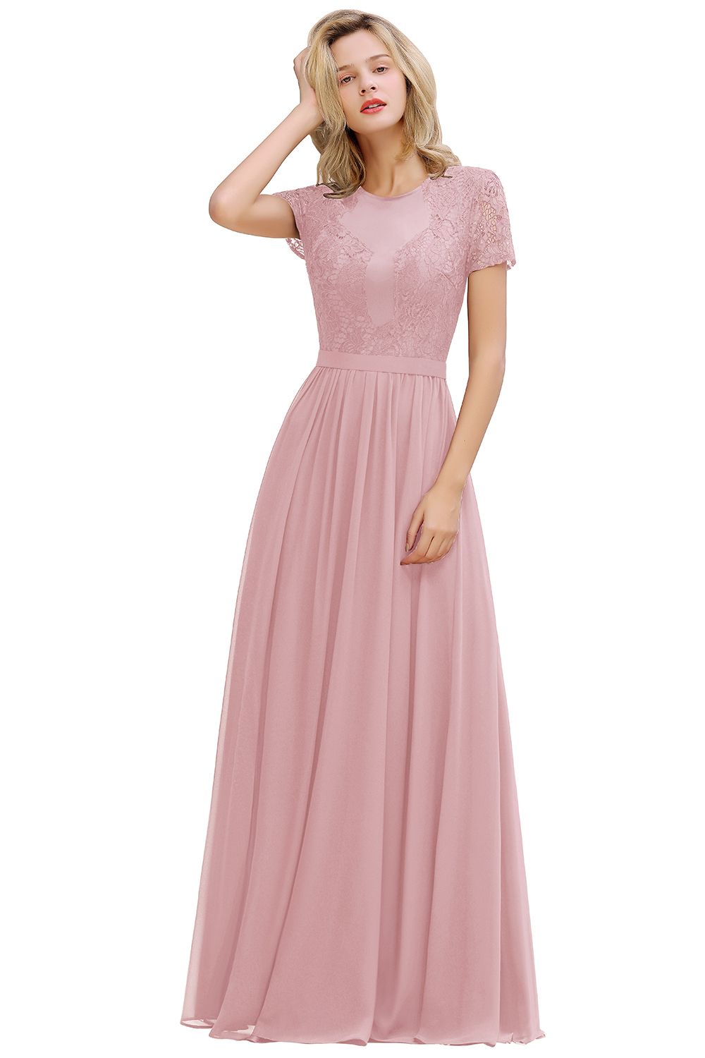 Chic A Line Chiffon Lace Bridesmaid Dress With Short Sleeves Empire Waist