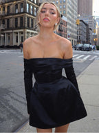 TARUXY Sexy Off Shoulder Mini Dress For Women Solid High Waist Long Sleeve Slits A-line Dresses Party Elegant Evening Dress Lady