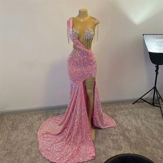 Abiti da sera lunghi a sirena con paillettes rosa scintillanti per ragazze nere, abito di lusso con nappe per festa di gala 2023, con spacco Y1871