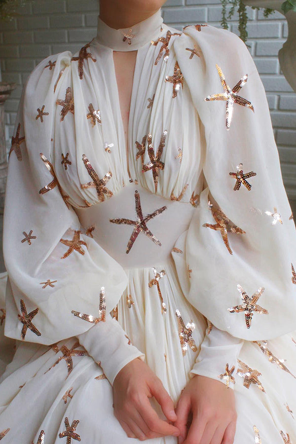 Robe de soirée longue en mousseline de soie étoilée à paillettes avec manches lanternes pour fête