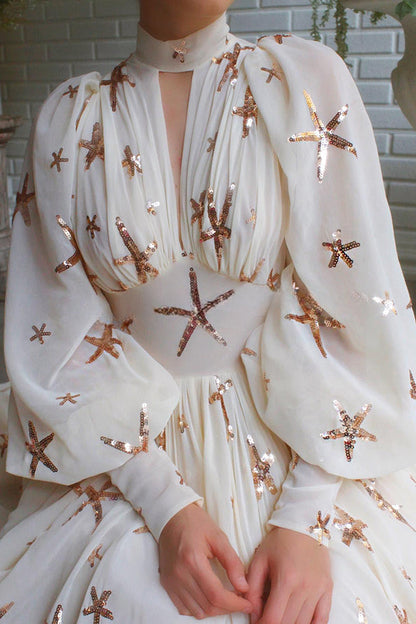 Grand Evening Chiffon-Maxikleid mit Stern-Pailletten und Laternenärmeln 