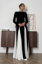 Contrast color double-layered tulle long-sleeved maxi dress