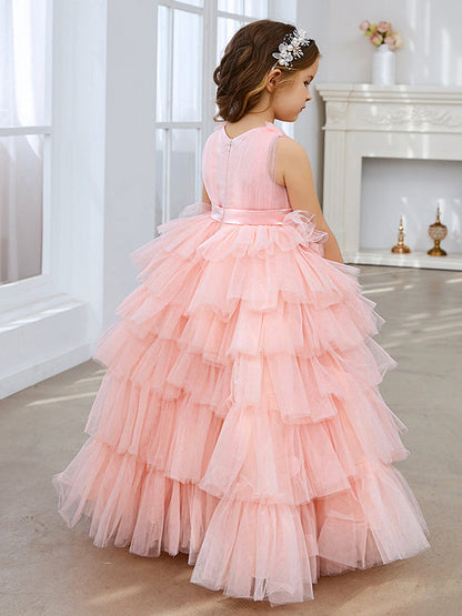 Ball-Gown/Princess Pearl Pink Sleeveless Tulle Bow Flower Girl Dress