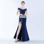 Classic Satin Off Shoulder Long Evening Dress – Elegant & Timeless
