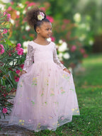 White Floral Lace Tulle Flower Girl Dress A Line Long Sleeve Floor Length