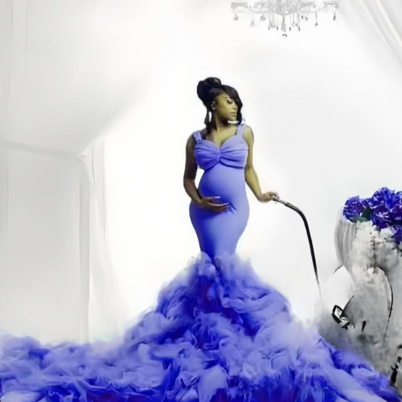 6128#New soft net waist fishtail elastic swing pregnant women's big belly photo dress