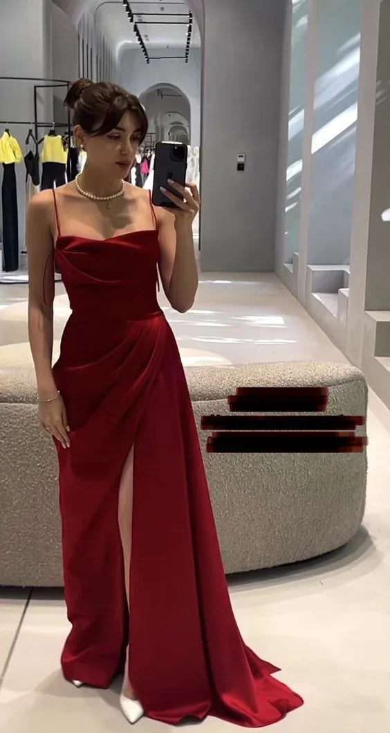 Abiti da sera formali con spacco a sirena e cinturini color bordeaux Y7458
