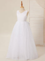 Floor Length V Neck Satin Tulle Princess Flower Girl Dress