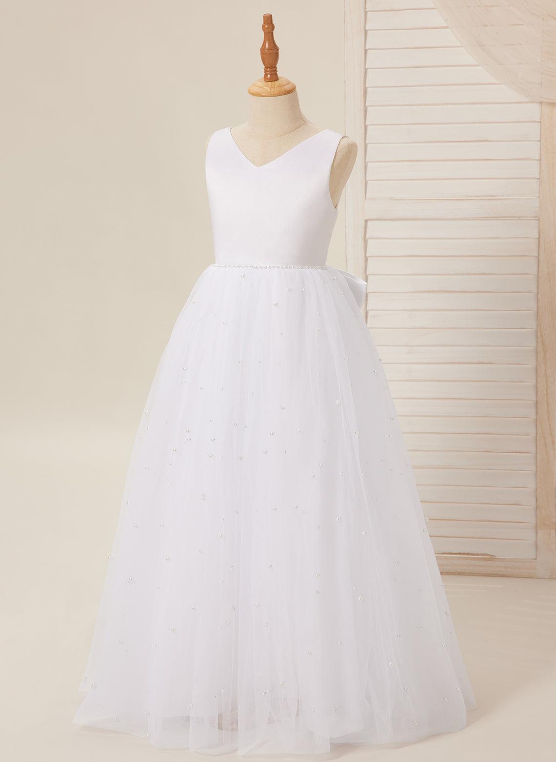 Floor Length V Neck Satin Tulle Princess Flower Girl Dress