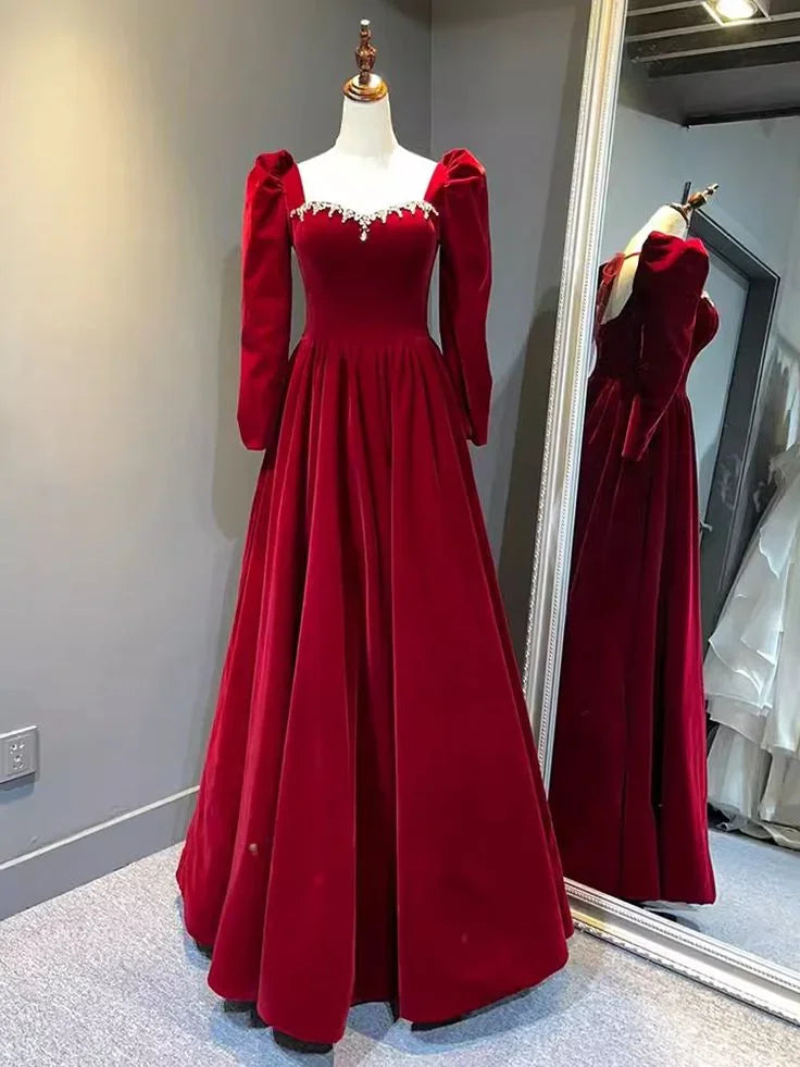 Schönes A-Linien rotes Samtkleid für Abschlussball, Herzausschnitt, Festkleid, Geburtstagsballkleid Y7588