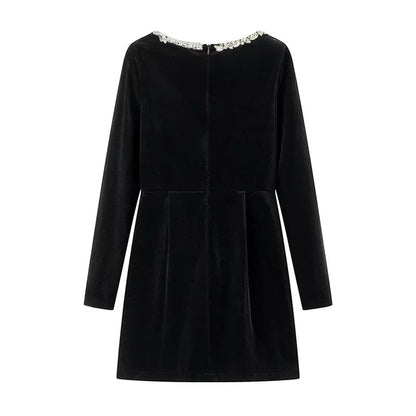 TARUXY Bead Drill Velveteen Dress For Women Long Sleeve Slim Black Formal Dress Female Party Elegant Retro Evening Dresses Femme