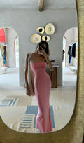Abito lungo da sera rosa senza spalline aderente elegante da ballo Y7514