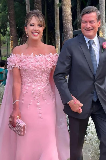 Fabuloso vestido de encaje con hombros descubiertos para madre de la novia, sin mangas, color rosa, con apliques
