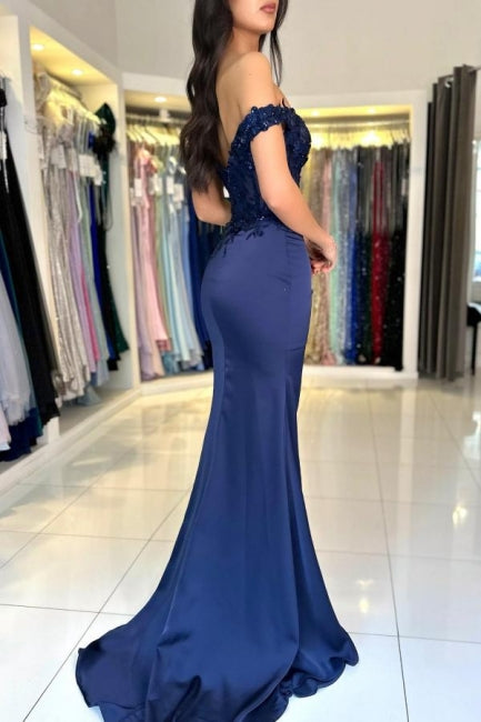 Vestidos de Baile Deslumbrantes em Renda Cetim Coluna, Sem Ombros, Sem Mangas, com Apliques e Fenda Frontal