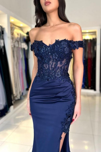 Vestidos de Baile Deslumbrantes em Renda Cetim Coluna, Sem Ombros, Sem Mangas, com Apliques e Fenda Frontal