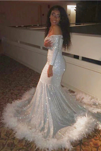 Fabulous Floor Length Long Sleeves Mermaid Sequined Prom Dress with Feathers