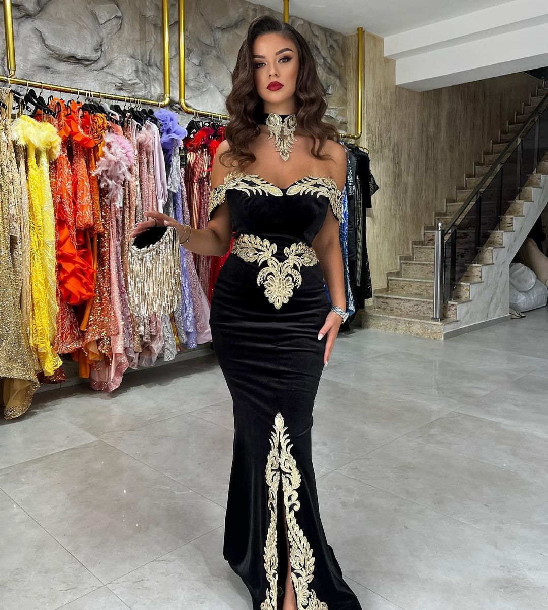Fabulous Floor Length Off-The-Shoulder Mermaid Black Prom Dress with Appliques