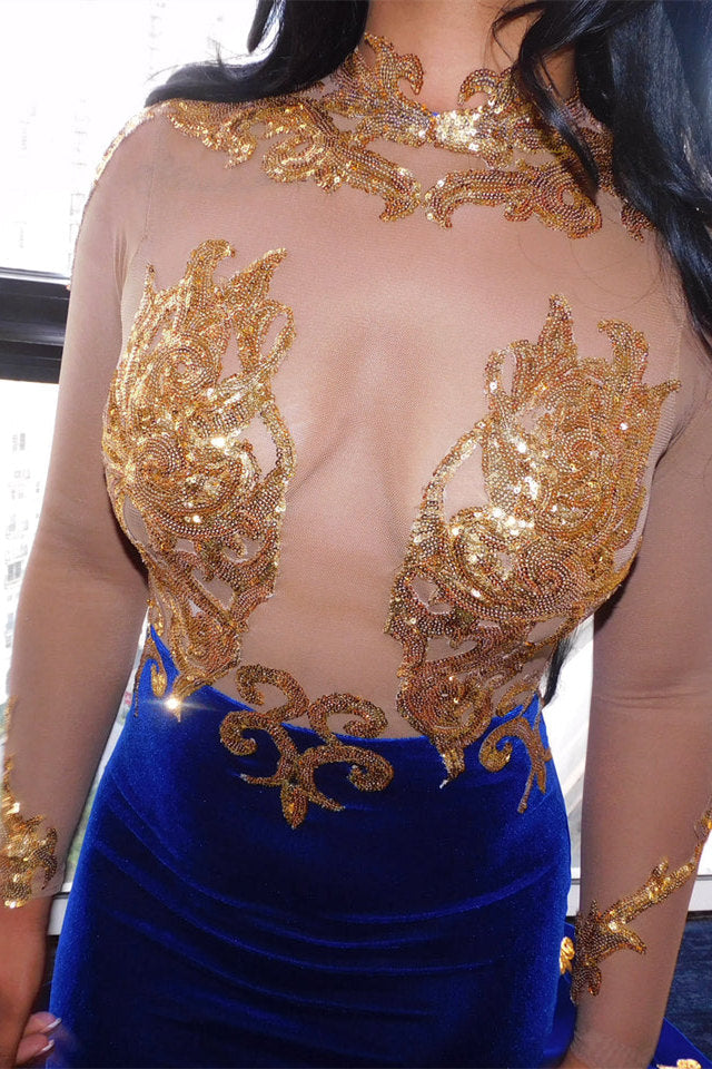 Fabulosos vestidos de fiesta de sirena con cuello alto, encaje transparente, manga larga y apliques de encaje