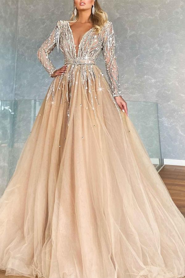 Favoloso abito lungo a linea ad A con scollo a V, perline e tulle per ballo con maniche