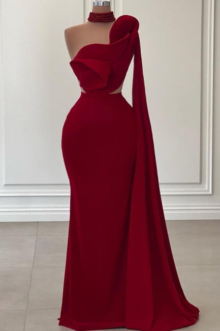 Favolosi abiti da sera lunghi color bordeaux a sirena, monospalla, senza maniche, con balze