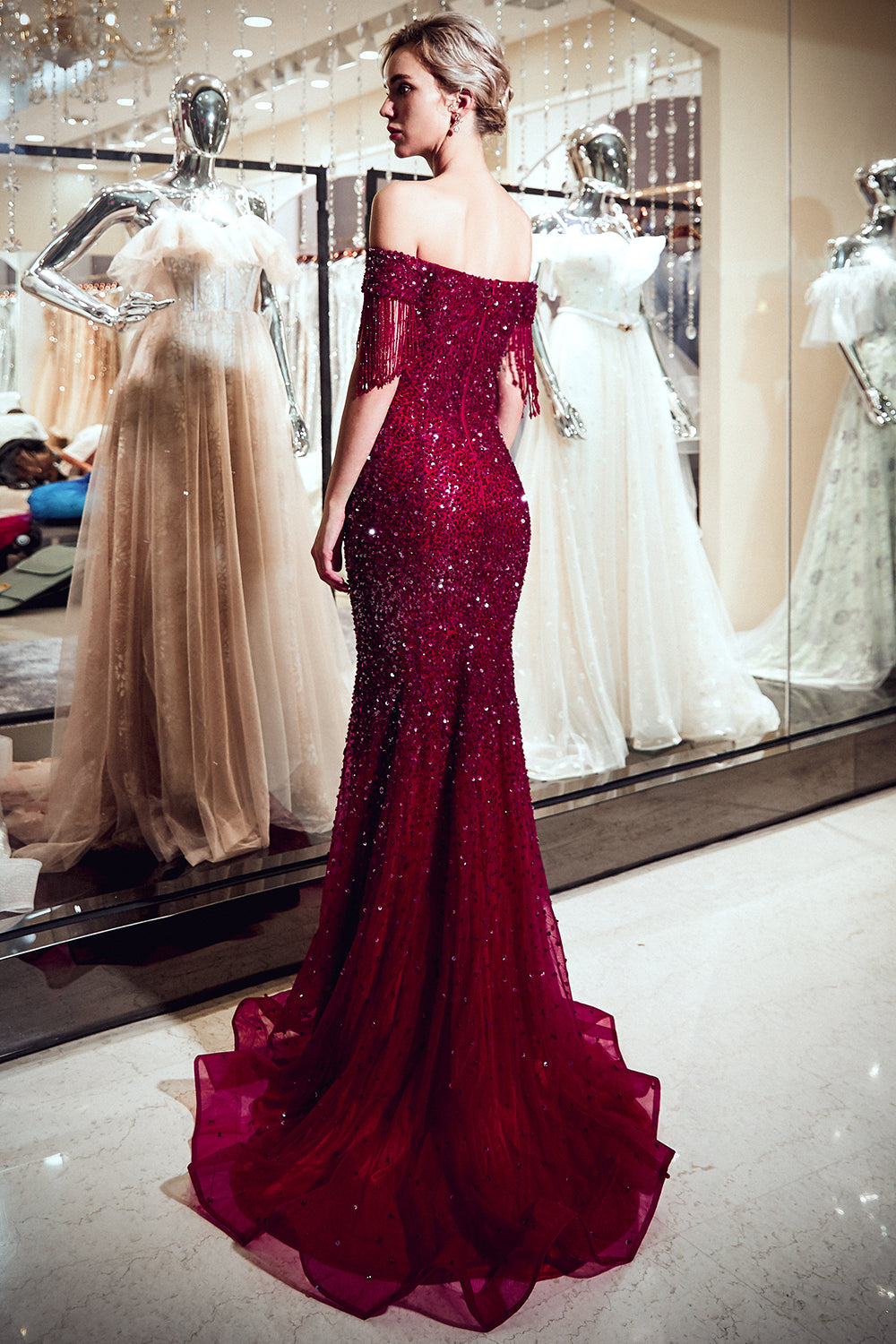 Fabulous Long Mermaid Off-the-shoulder Tulle Sequined Prom Dress