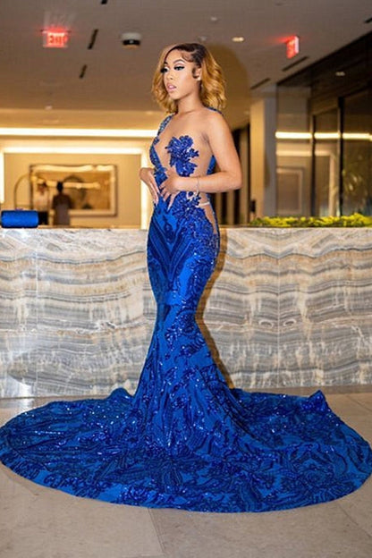 Fabuloso vestido de fiesta de sirena con encaje, largo hasta el suelo y joya azul real