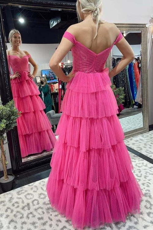 Vestidos longos de baile formais em tule fúcsia em linha A Vestidos de noite Y482