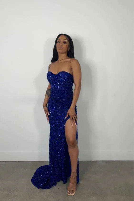 Abito da sera senza spalline con paillettes blu reale Spacco laterale Abito da ballo blu reale elegante Y490