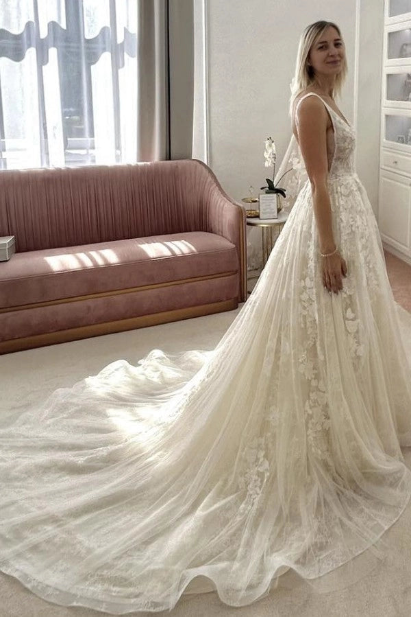 Ivory V Neck Sleeveless A Line Wedding Dress With Appliques And Chapel Train