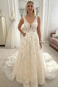 Ivory V Neck Sleeveless A Line Wedding Dress With Appliques And Chapel Train