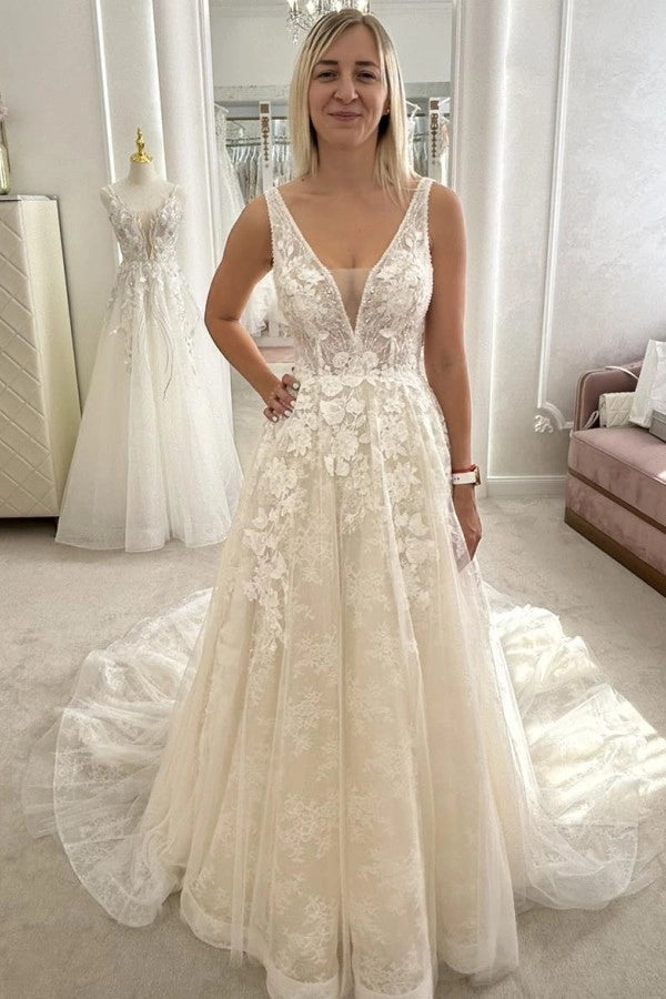 Ivory V Neck Sleeveless A Line Wedding Dress With Appliques And Chapel Train