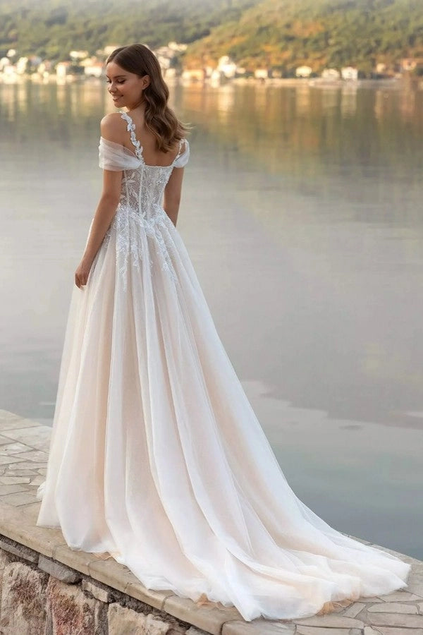 Fairy Long Ivory Off The Shoulder Sleeveless A Line Wedding Dress With Appliques