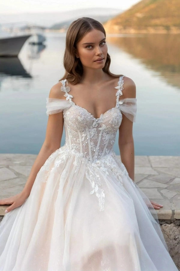 Fairy Long Ivory Off The Shoulder Sleeveless A Line Wedding Dress With Appliques